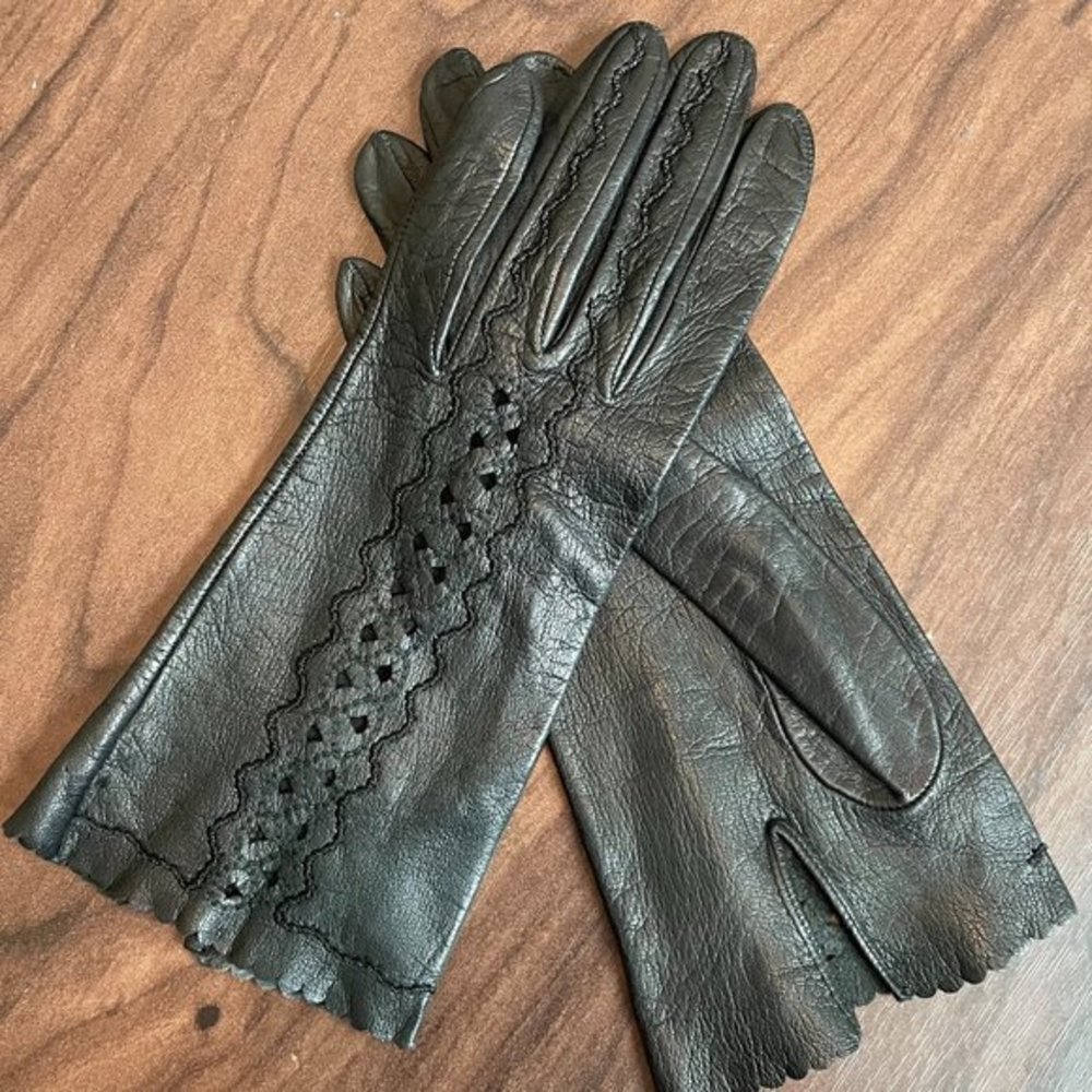 ONE OF A KIND - HAND CRAFTED -  Black Perforated Leather Gloves - Women's